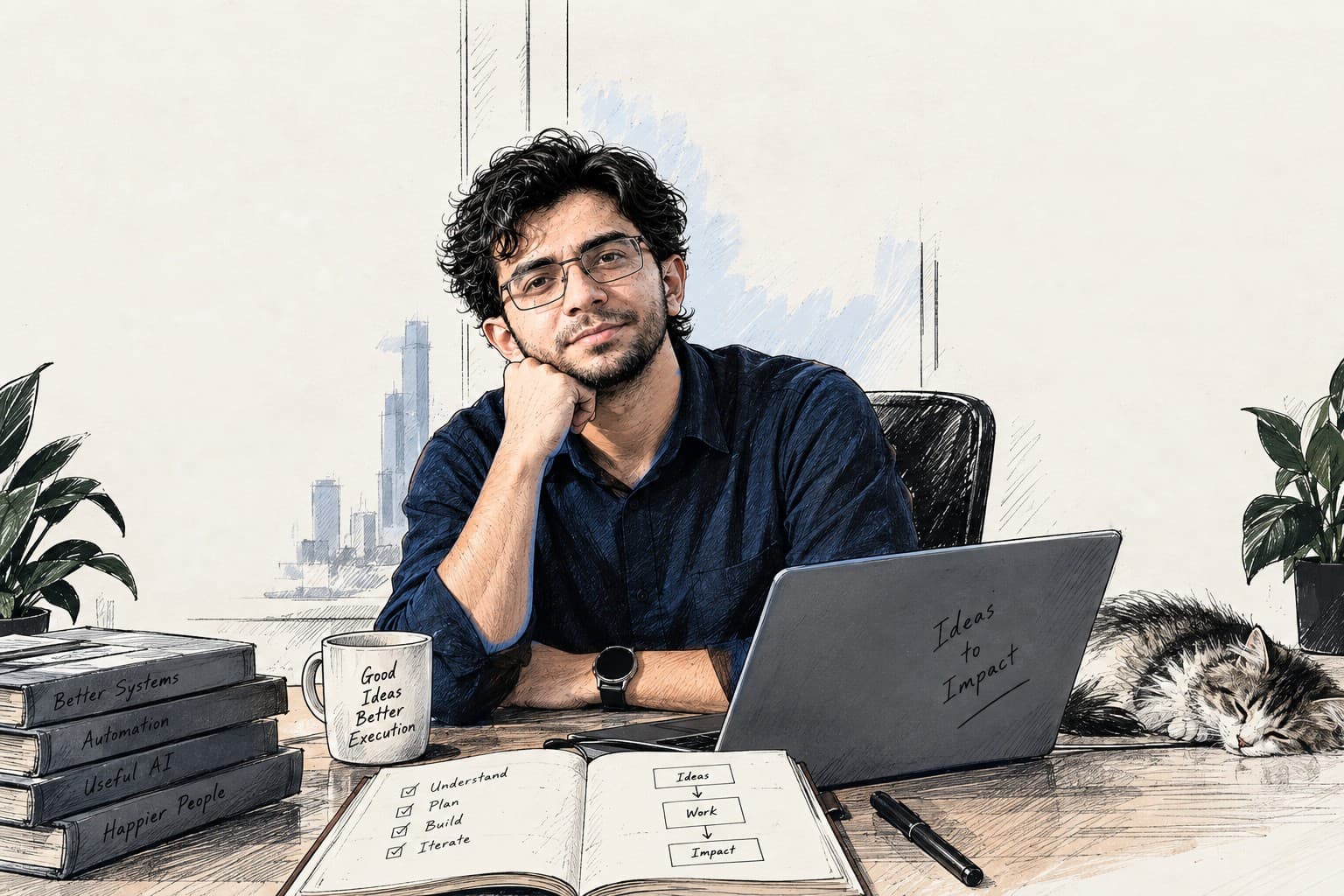 Illustration of Sardar Hussnain at his desk with a laptop, an open notebook and a sleeping cat